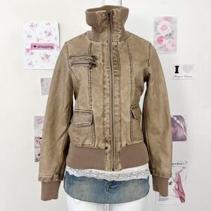 Vintage Moto Gear Distressed Tan Faux Leather Bomber Jacket – Size S